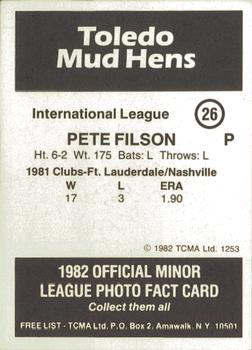 1982 TCMA Toledo Mud Hens #26 Pete Filson Back