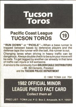 1982 TCMA Tucson Toros #19 Bobby Sprowl Back