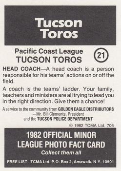 1982 TCMA Tucson Toros #21 Gordy Pladson Back