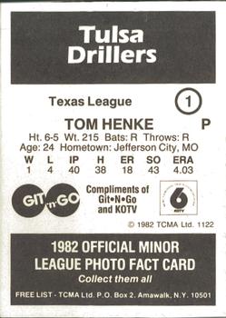 1982 TCMA Tulsa Drillers #1 Tom Henke Back