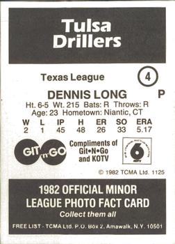 1982 TCMA Tulsa Drillers #4 Dennis Long Back