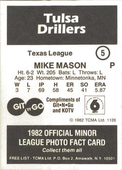 1982 TCMA Tulsa Drillers #5 Mike Mason Back