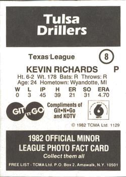 1982 TCMA Tulsa Drillers #8 Kevin Richards Back
