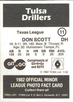 1982 TCMA Tulsa Drillers #11 Don Scott Back