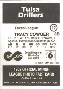 1982 TCMA Tulsa Drillers #12 Tracy Cowger Back