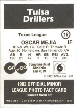 1982 TCMA Tulsa Drillers #16 Oscar Mejia Back