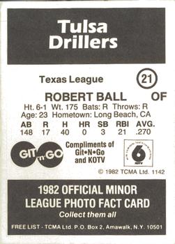 1982 TCMA Tulsa Drillers #21 Robert Ball Back