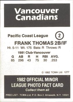 1982 TCMA Vancouver Canadians #2 Frankie Thomas Back