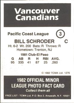 1982 TCMA Vancouver Canadians #3 Bill Schroeder Back