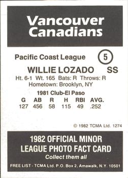 1982 TCMA Vancouver Canadians #5 Willie Lozado Back