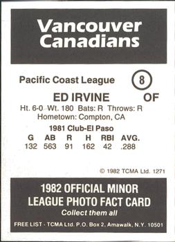 1982 TCMA Vancouver Canadians #8 Ed Irvine Back
