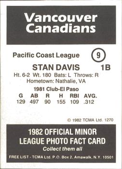 1982 TCMA Vancouver Canadians #9 Stan Davis Back