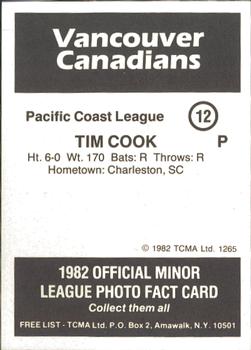 1982 TCMA Vancouver Canadians #12 Tim Cook Back
