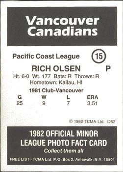 1982 TCMA Vancouver Canadians #15 Rich Olsen Back