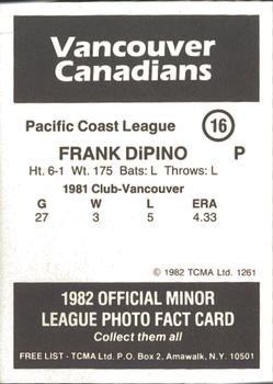 1982 TCMA Vancouver Canadians #16 Frank DiPino Back