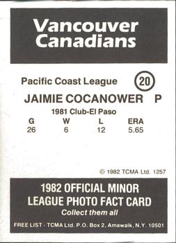 1982 TCMA Vancouver Canadians #20 Jaime Cocanower Back