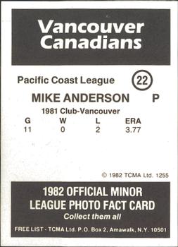 1982 TCMA Vancouver Canadians #22 Mike Anderson Back