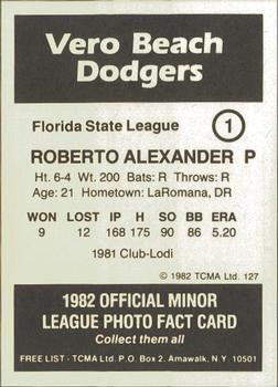 1982 TCMA Vero Beach Dodgers #1 Roberto Alexander Back