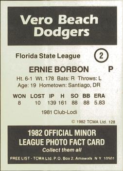 1982 TCMA Vero Beach Dodgers #2 Ernie Borbon Back