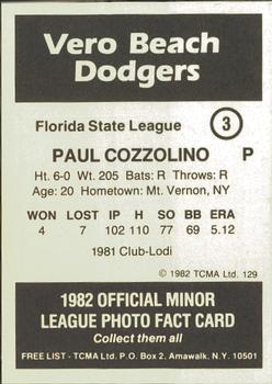 1982 TCMA Vero Beach Dodgers #3 Paul Cozzolino Back