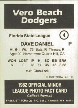 1982 TCMA Vero Beach Dodgers #4 Dave Daniel Back