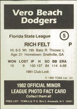 1982 TCMA Vero Beach Dodgers #5 Rich Felt Back