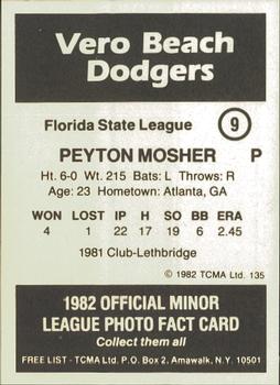 1982 TCMA Vero Beach Dodgers #9 Peyton Mosher Back