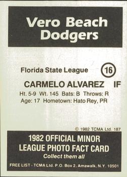 1982 TCMA Vero Beach Dodgers #16 Carmelo Alvarez Back