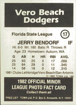1982 TCMA Vero Beach Dodgers #17 Jerry Bendorf Back