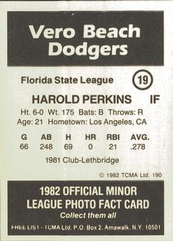 1982 TCMA Vero Beach Dodgers #19 Harold Perkins Back