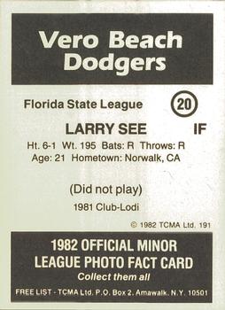 1982 TCMA Vero Beach Dodgers #20 Larry See Back