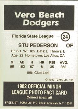 1982 TCMA Vero Beach Dodgers #24 Stu Pederson Back