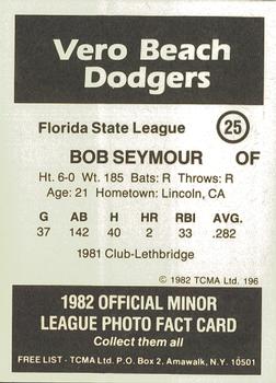 1982 TCMA Vero Beach Dodgers #25 Bob Seymour Back