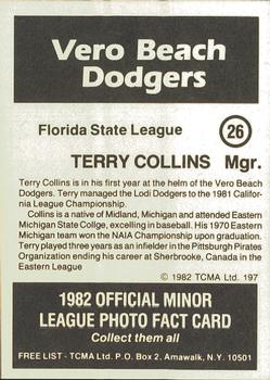 1982 TCMA Vero Beach Dodgers #26 Terry Collins Back