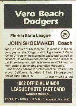 1982 TCMA Vero Beach Dodgers #29 John Shoemaker Back