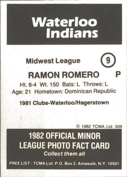 1982 TCMA Waterloo Indians #9 Ramon Romero Back
