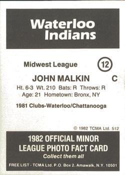 1982 TCMA Waterloo Indians #12 John Malkin Back