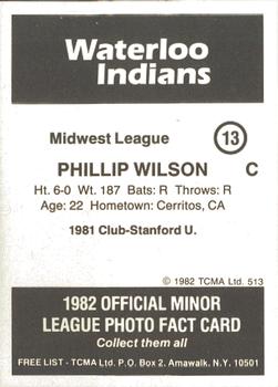 1982 TCMA Waterloo Indians #13 Phillip E. Wilson Back