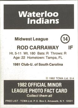 1982 TCMA Waterloo Indians #14 Rod Carraway Back