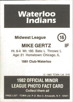 1982 TCMA Waterloo Indians #16 Mike Gertz Back