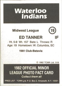 1982 TCMA Waterloo Indians #19 Ed Tanner Back