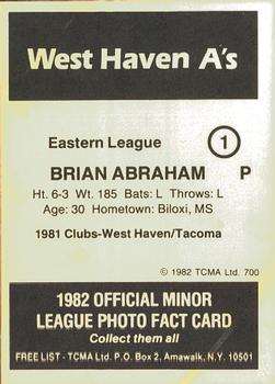1982 TCMA West Haven A's #1 Brian Abraham Back