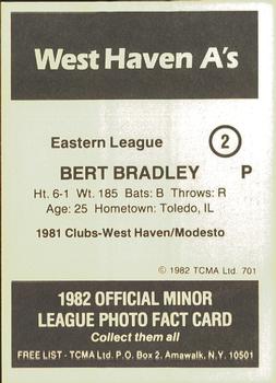 1982 TCMA West Haven A's #2 Bert Bradley Back