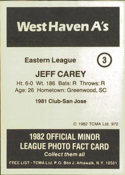 1982 TCMA West Haven A's #3 Jeff Cary Back