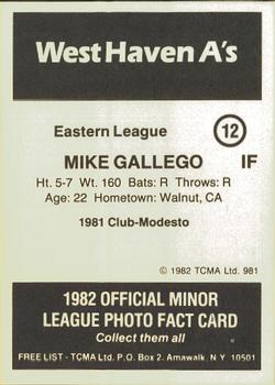 1982 TCMA West Haven A's #12 Mike Gallego Back