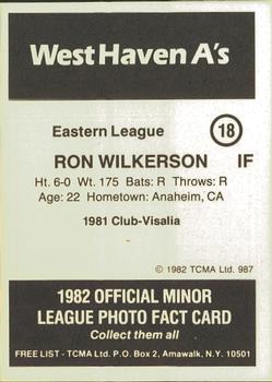 1982 TCMA West Haven A's #18 Ron Wilkinson Back
