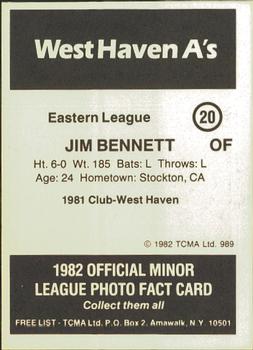 1982 TCMA West Haven A's #20 Jim Bennett Back