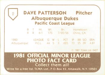 1981 TCMA Albuquerque Dukes #2 Dave Patterson Back