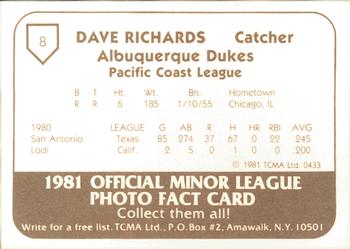 1981 TCMA Albuquerque Dukes #8 Dave Richards Back