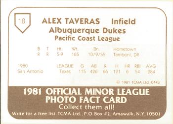 1981 TCMA Albuquerque Dukes #18 Alex Taveras Back